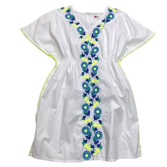BODEN Girls Floral Embroidered Mexican Kaftan Dress in White / Blue/ Neon Yellow - Picture 5 of 10